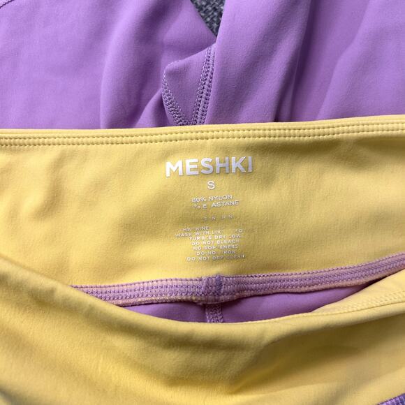 MESHKI Becca Two Tone Lilac & Yellow Workout Set Sports Bra & Biker Shorts EUC - Picture 14 of 16